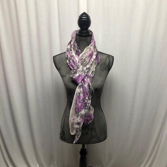Dual White Sheer Lightweight Scarf with Purple Gray Floral 10x92 in Versatile - Picture 3 of 7